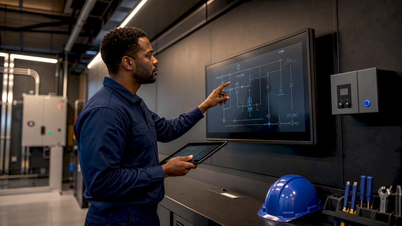 Un technicien en train de régler un panneau de contrôle d’un système énergétique