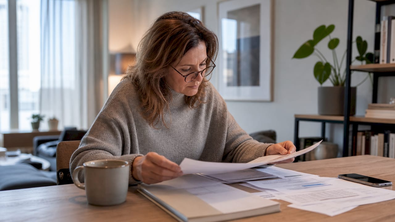 Een vrouw bekijkt aandachtig haar energierekeningen thuis om te zien waar ze eventueel kan besparen.