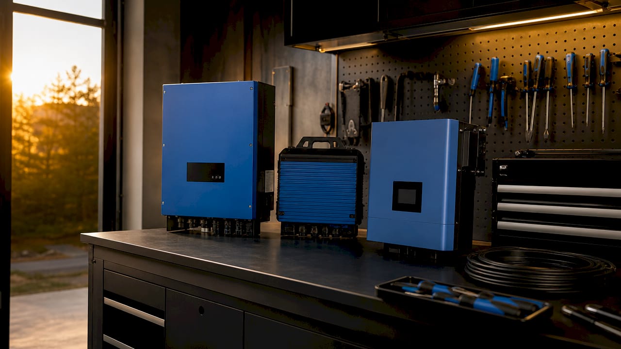 Three energy inverter types on workbench in garage workshop