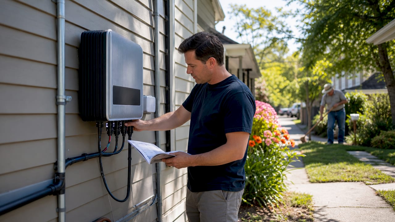 Man installing solar inverter on home roof