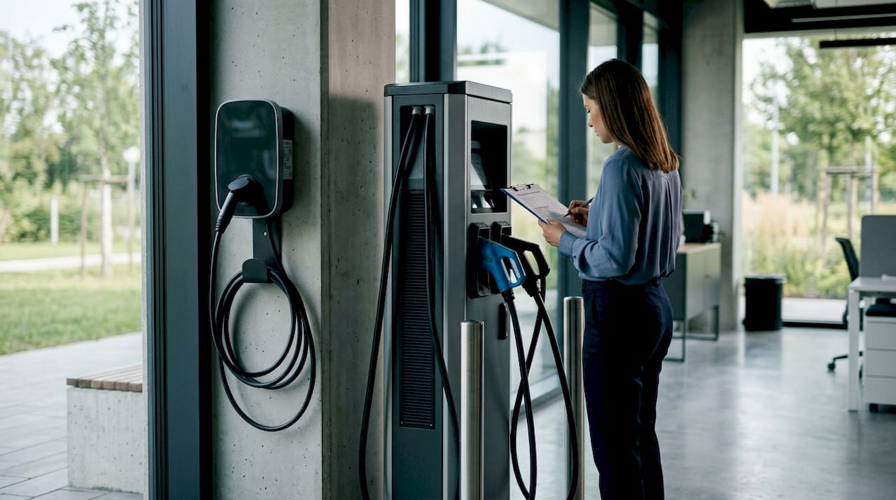 Een monteur controleert en onderhoudt laadpalen voor zowel wisselstroom (AC) als gelijkstroom (DC) elektrische auto's.