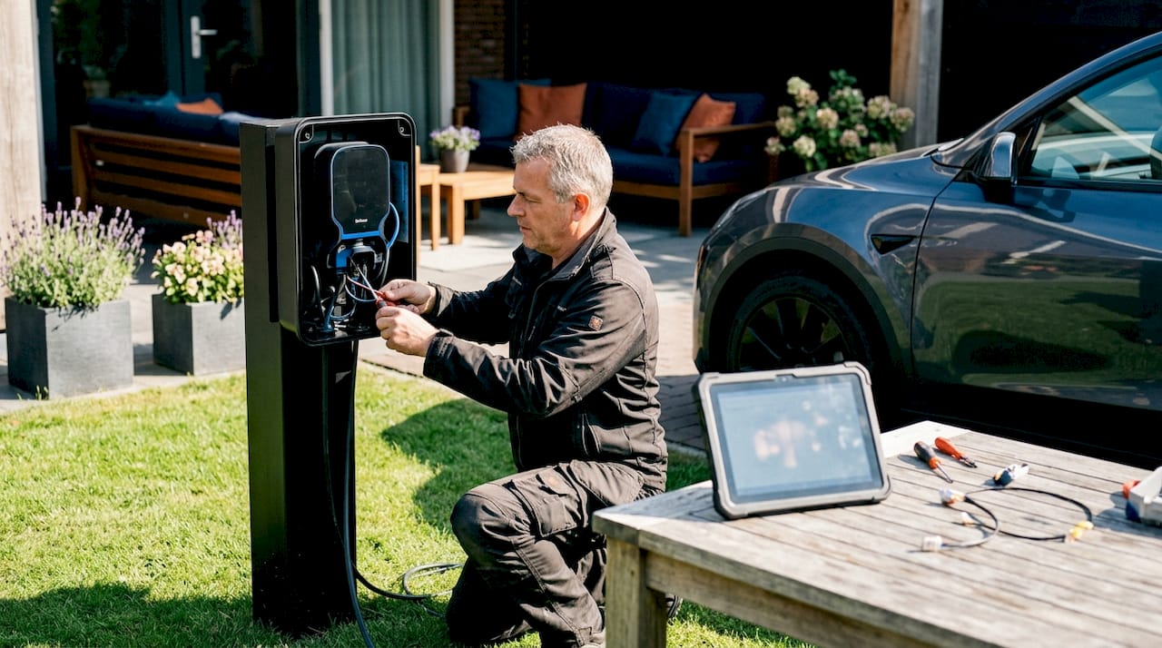 Man plaatst zelf een laadpaal voor zijn elektrische auto bij hem thuis.