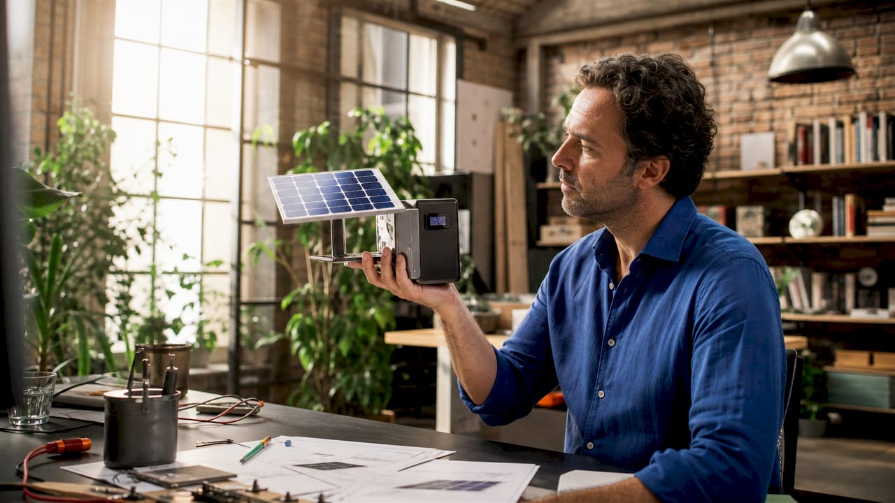 Un homme songeur, assis à son bureau, réfléchit à l'installation d'un onduleur solaire.