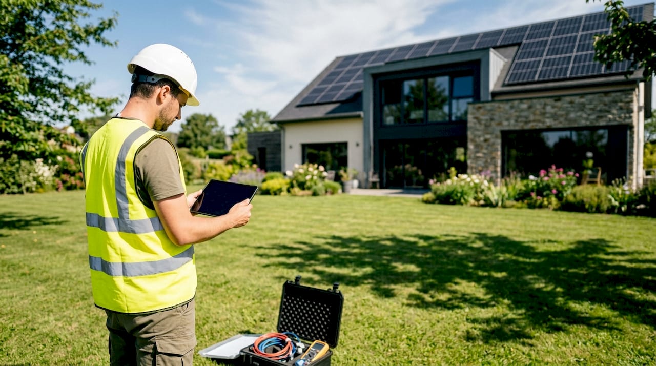 Technicien spécialisé dans l’inspection de toitures équipées de panneaux solaires