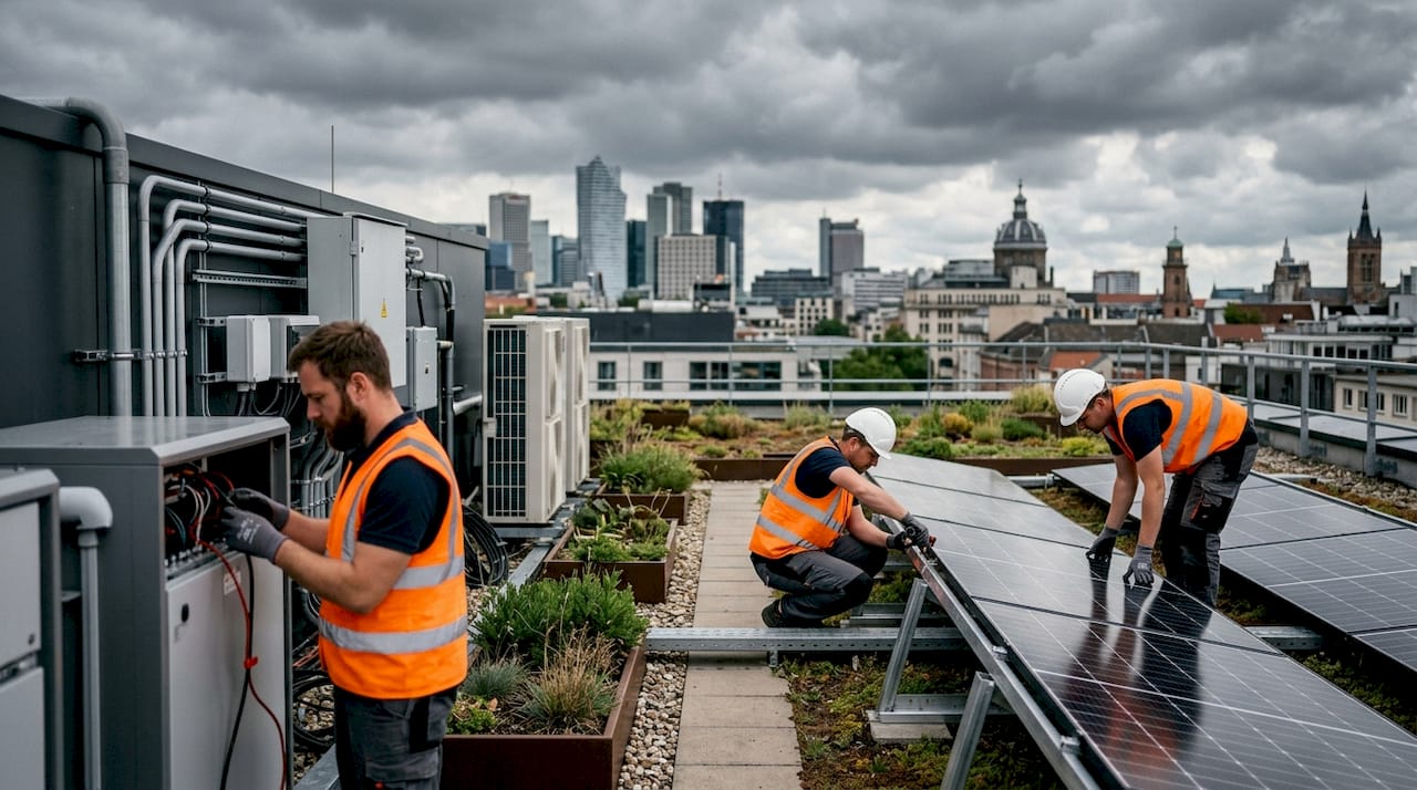 Technicians installing solar and battery systems on rooftop
