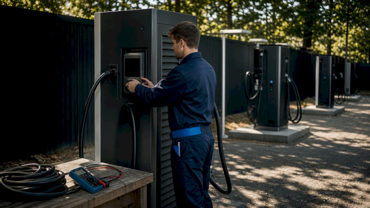 Technician hands managing EV charging controls