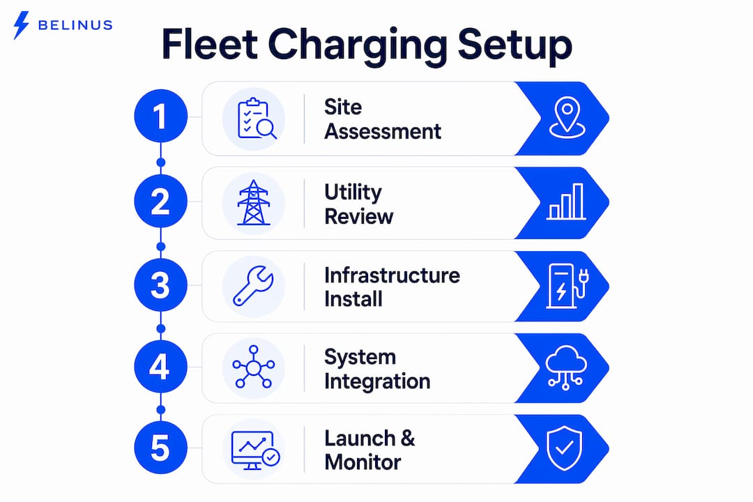 Infographic illustrating fleet charging setup timeline steps
