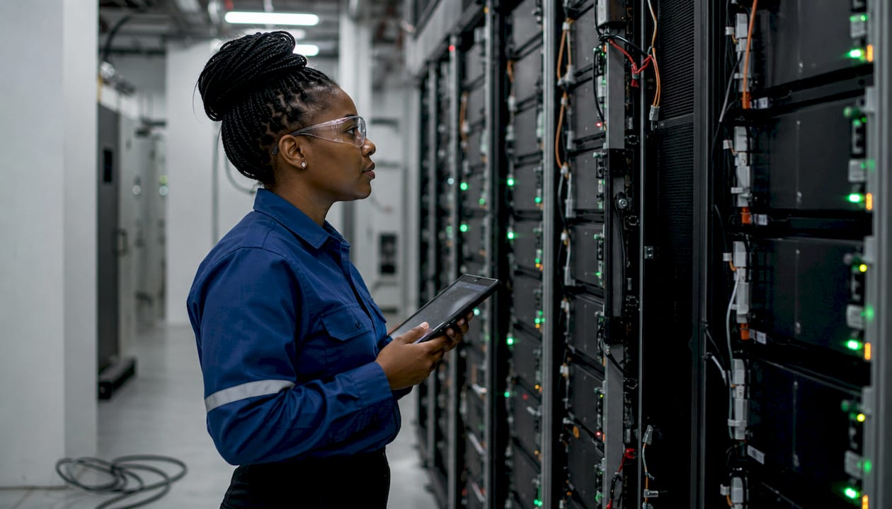 Technician inspects commercial battery storage equipment