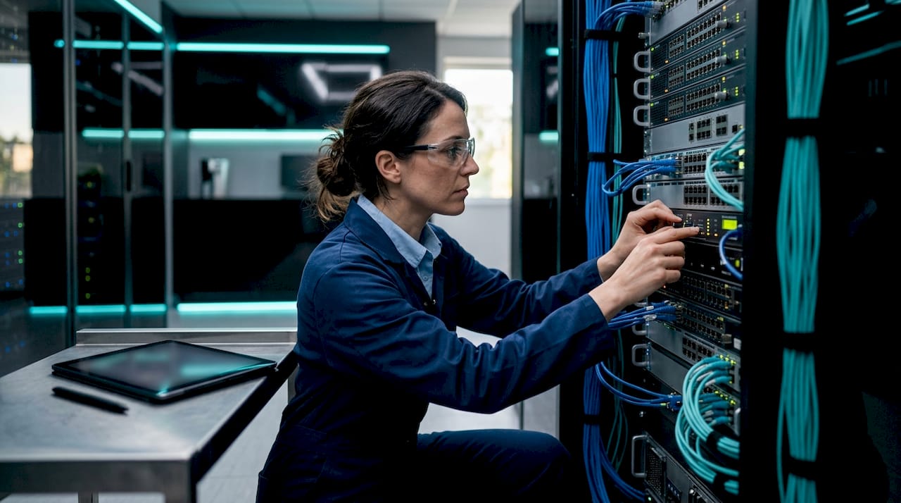 Engineer adjusting grid control hardware in data center