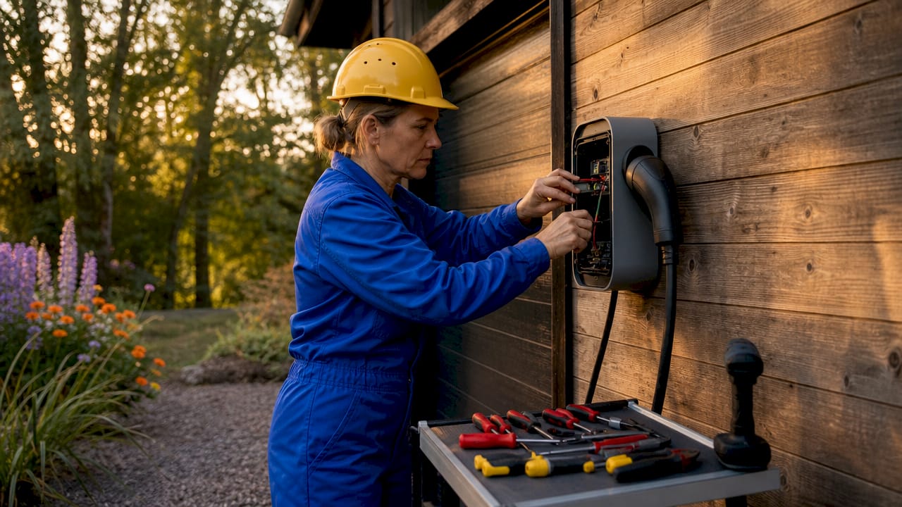 Une technicienne procède à l'installation d'une borne de recharge pour véhicule électrique à l'extérieur.