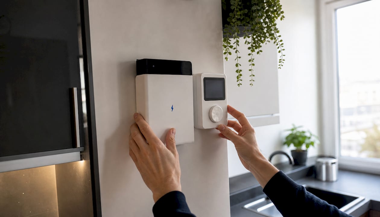 Binnen bedienen mensen handmatig de batterij en de energiemeter.