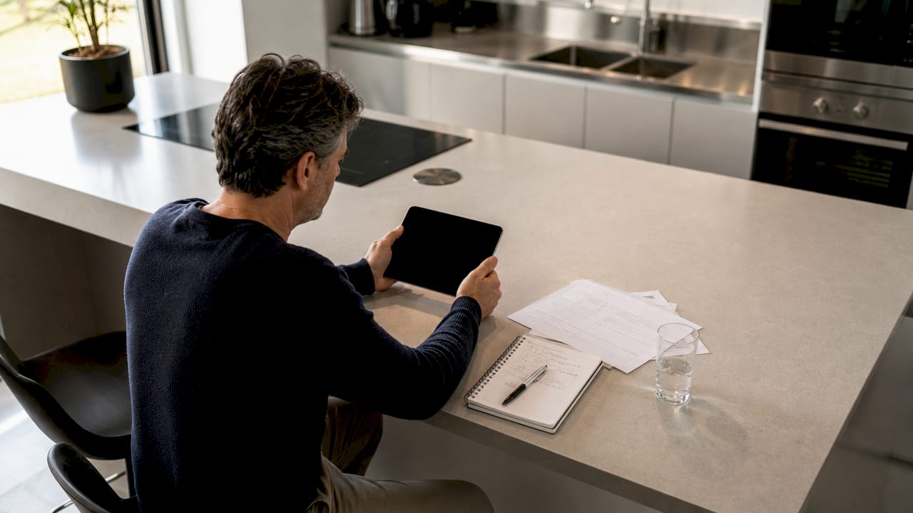 Thuis houdt een man zijn energieverbruik bij op zijn tablet.