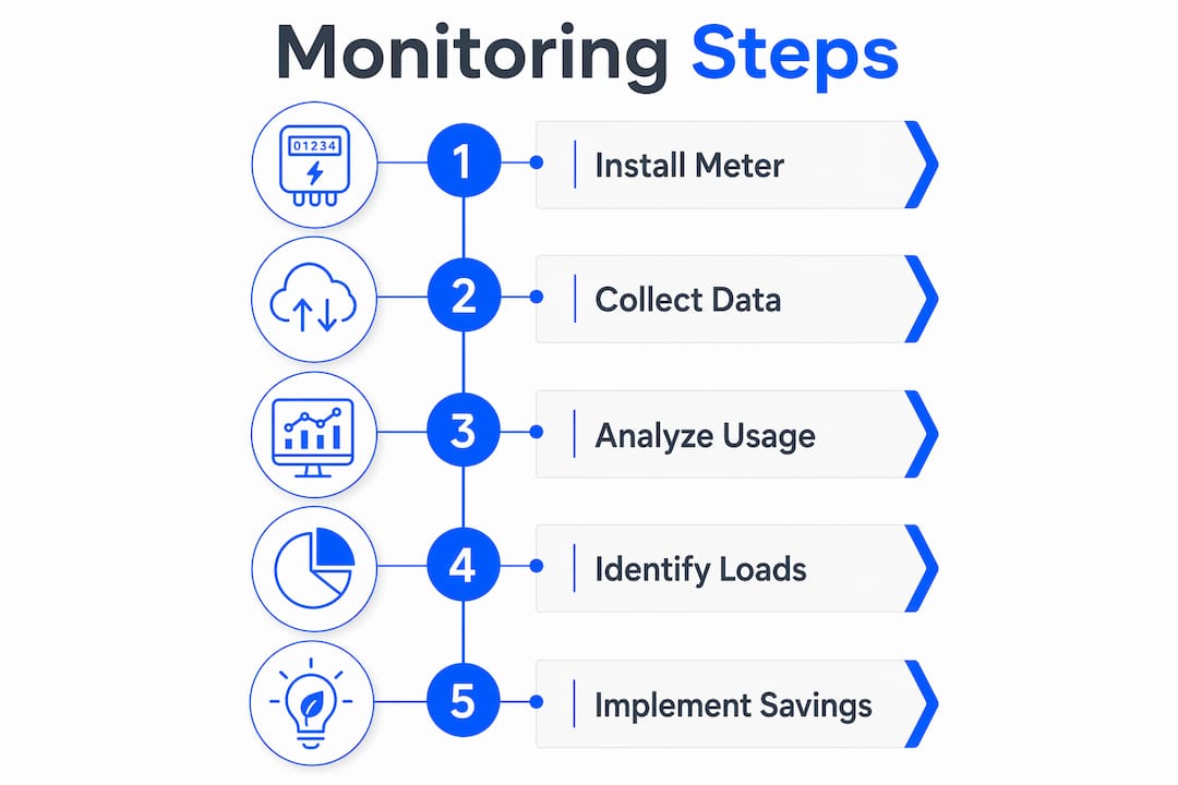 Infographic showing five steps of energy consumption monitoring