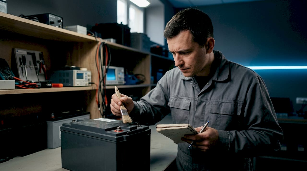 Un technicien procède à l’examen d’une batterie industrielle dans un laboratoire.