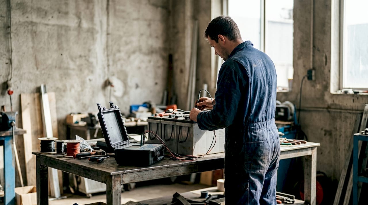 Des mains effectuent un test de la résistance interne d'une batterie à l'aide d'une sonde.