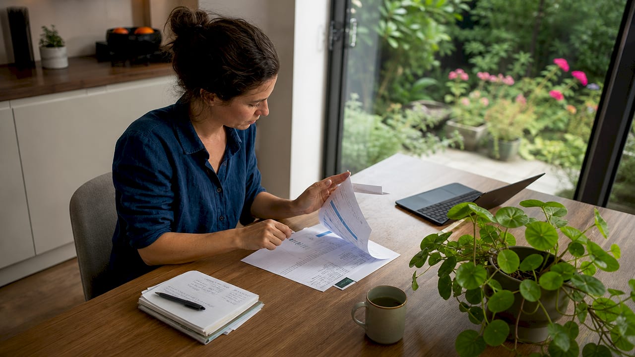Vrouw die rustig achter haar laptop thuis verschillende energieaanbieders vergelijkt om de beste deal te vinden.