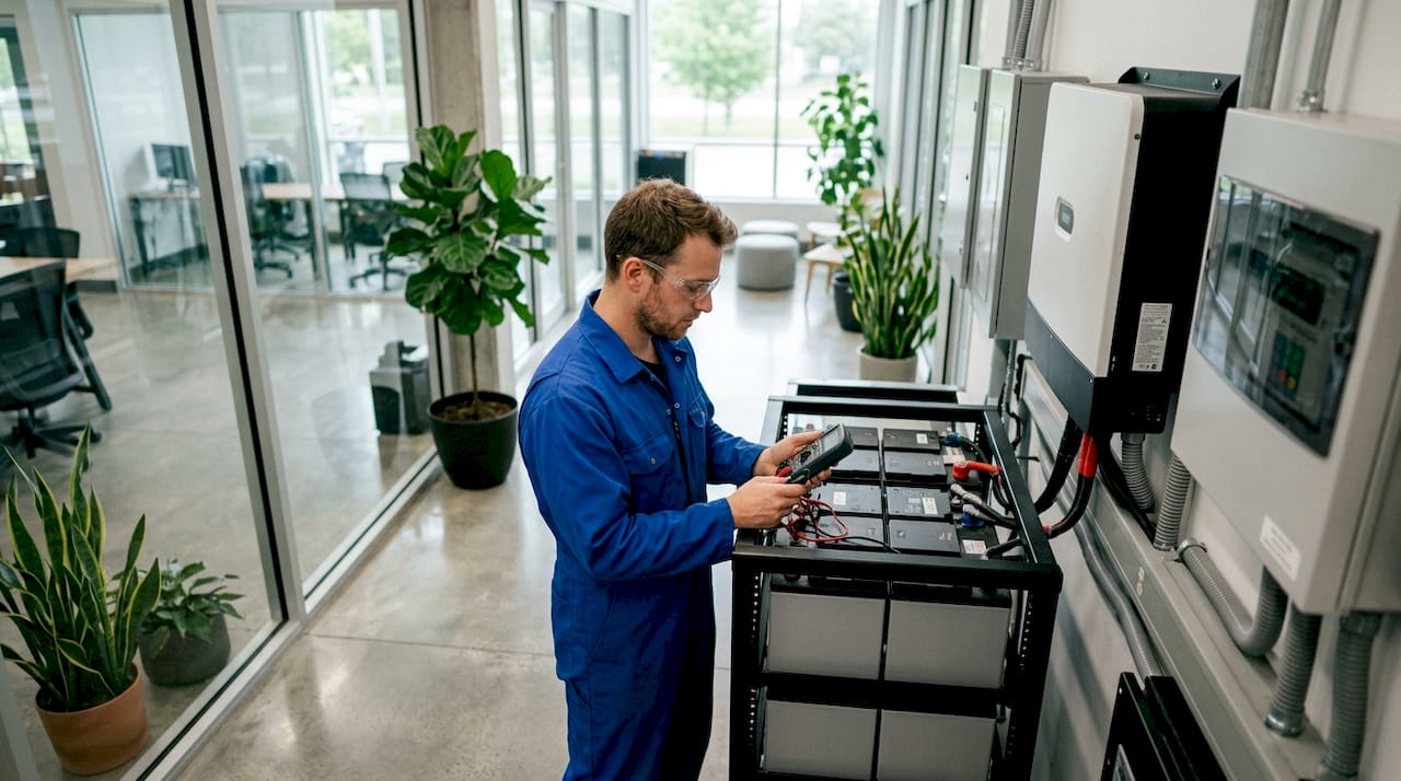 Un technicien contrôle l’installation de stockage d’énergie destinée aux entreprises.
