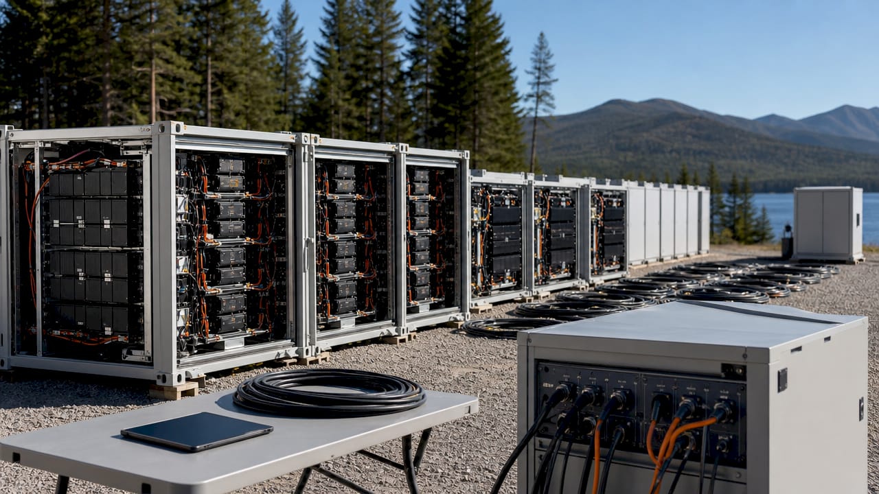 Modular battery storage components on industrial bench