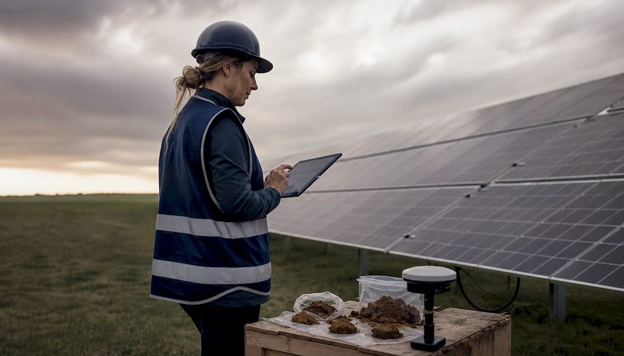 Engineer assessing solar farm site outdoors