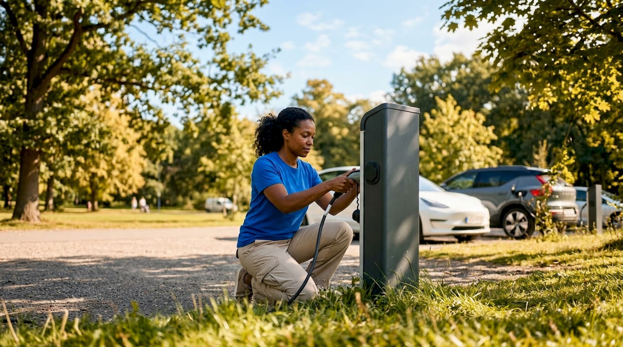 Une personne branche le câble sur la borne de recharge pour voiture électrique.