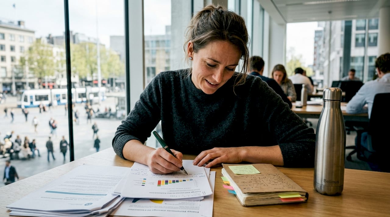 Een vrouw bekijkt en analyseert de energieverbruikscijfers op het kantoor om inzicht te krijgen in het stroomgebruik.