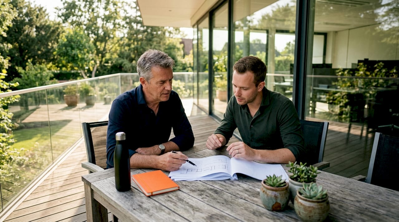 Twee collega’s overleggen over een duurzaam plan voor op kantoor.
