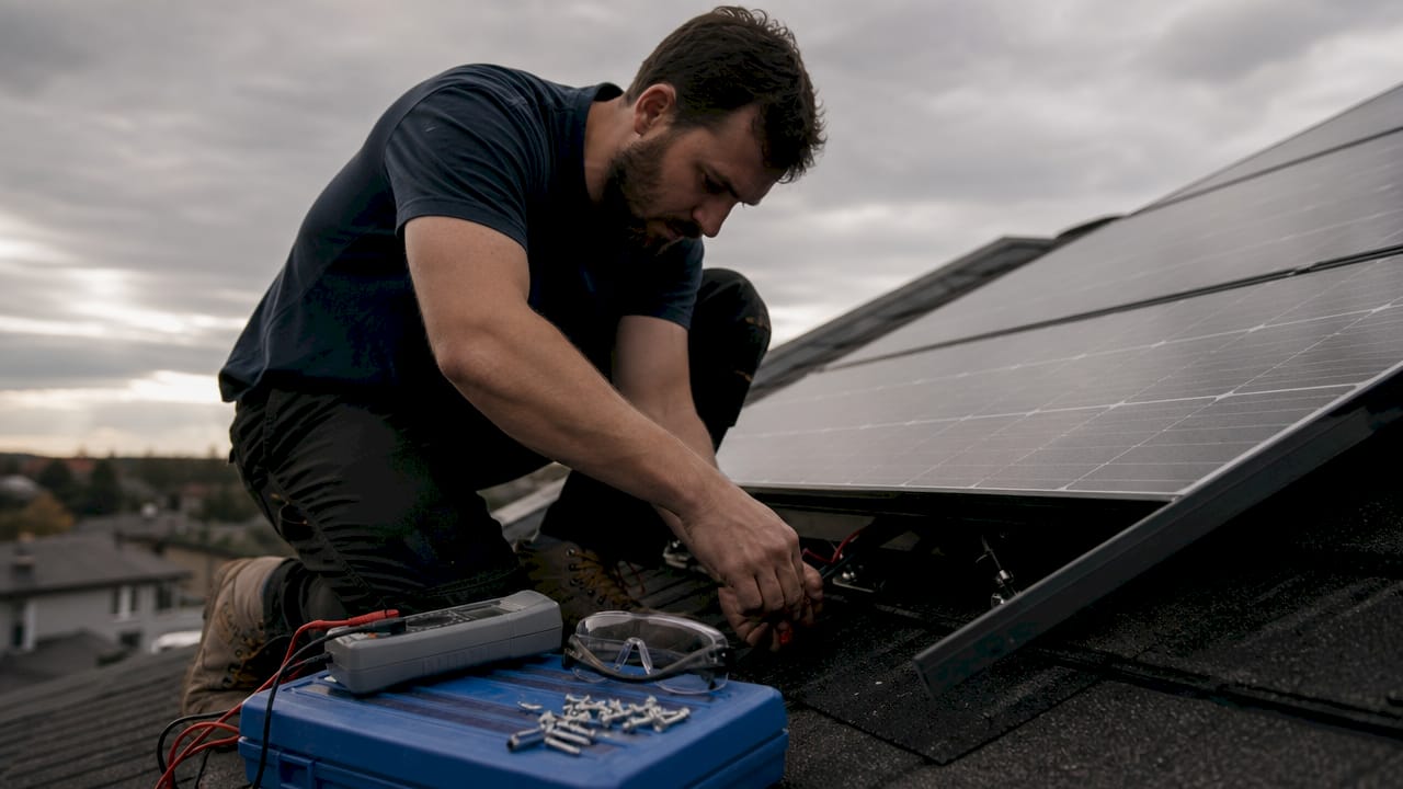 Homeowner inspecting rooftop solar panel wiring