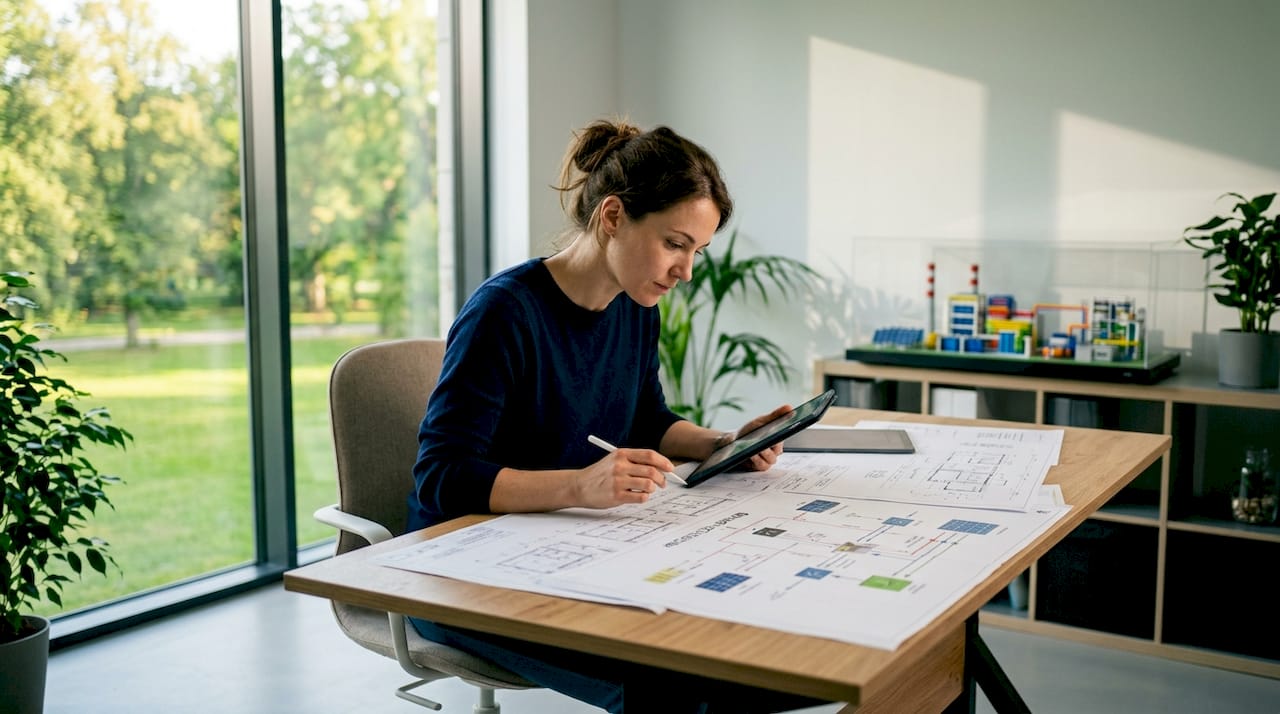 Een energiespecialist buigt zich over schema’s van een microgrid aan zijn bureau.