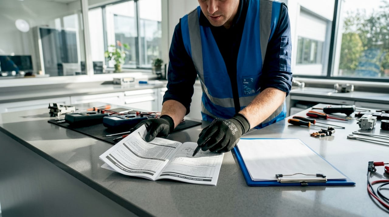 Technician analyzing inverter fault code manual