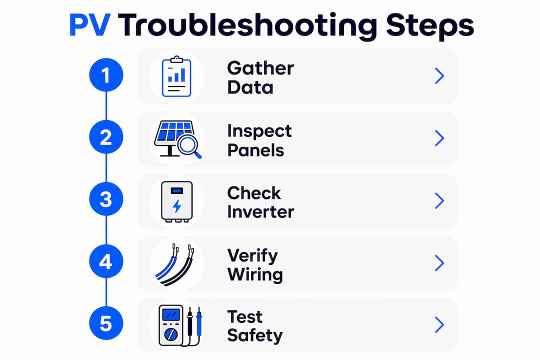 Infographic outlining PV troubleshooting five-step process