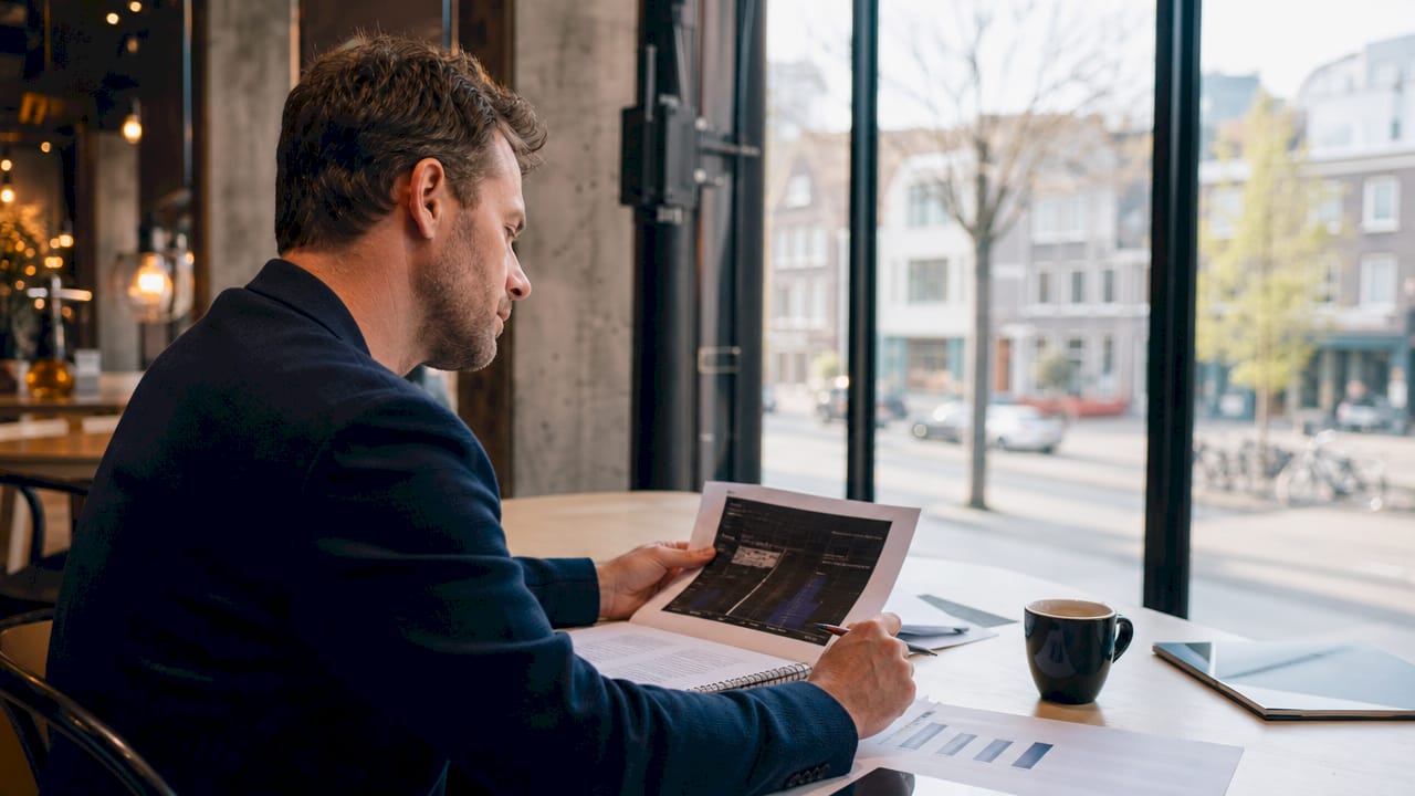 Een adviseur bekijkt op kantoor de documenten van een zonnepanelproject.