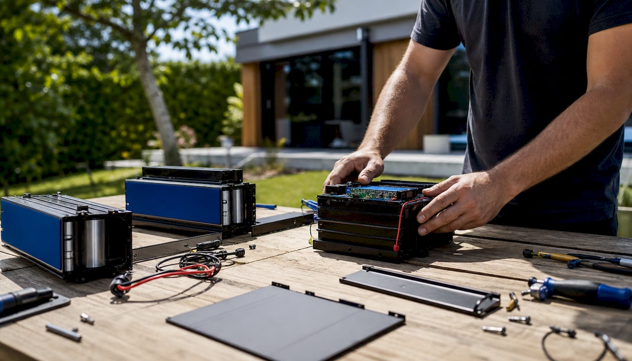 Un technicien en pleine installation de modules de stockage d’énergie modulaires.