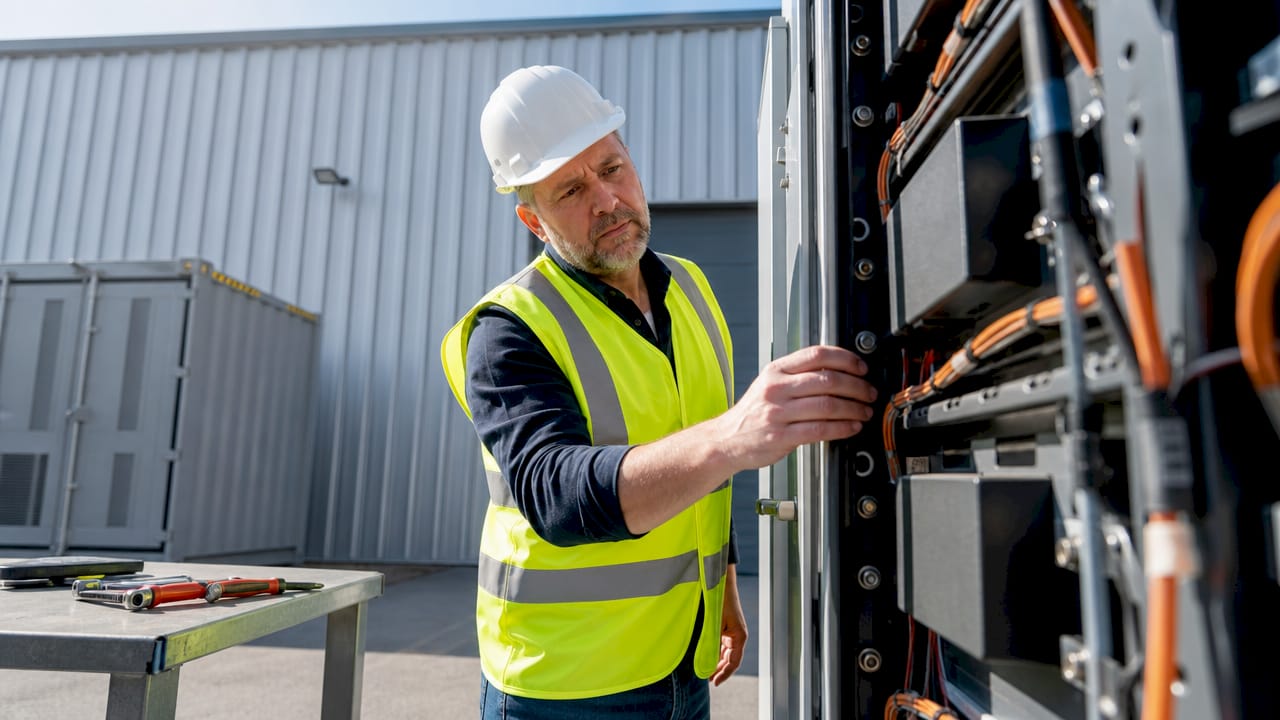 Un ingénieur examine le système de stockage d’énergie composé de batteries modulaires.