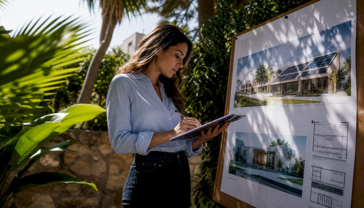 Architect reviewing sustainable building blueprints