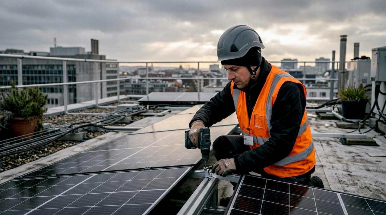Rooftop solar panel installation with technician