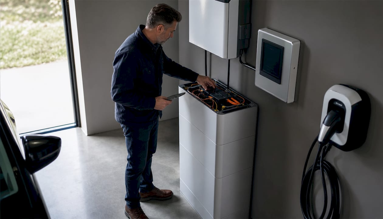 Un expert effectue le contrôle d’un système de batterie domestique installé dans le garage.