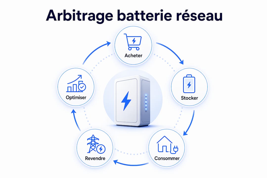 Infographie présentant les cinq étapes clés du fonctionnement de l’arbitrage énergétique par batteries