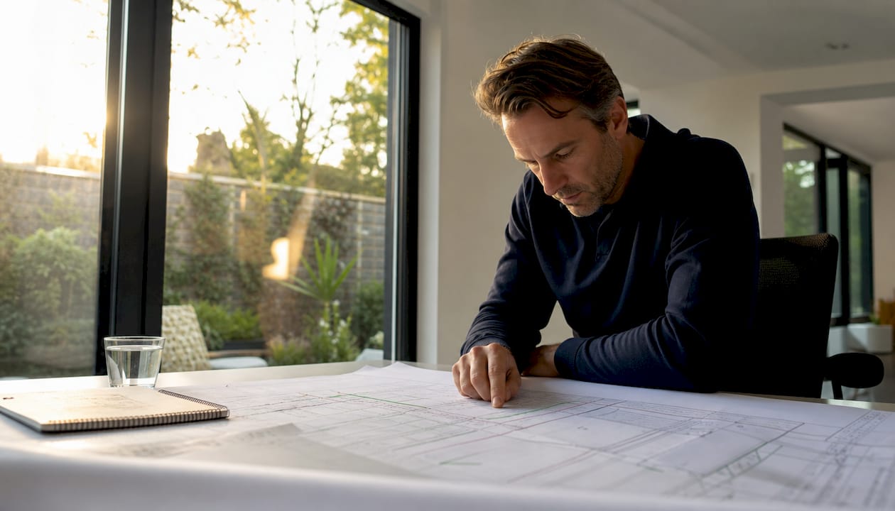 Een expert beoordeelt technische tekeningen van energievoorzieningen.