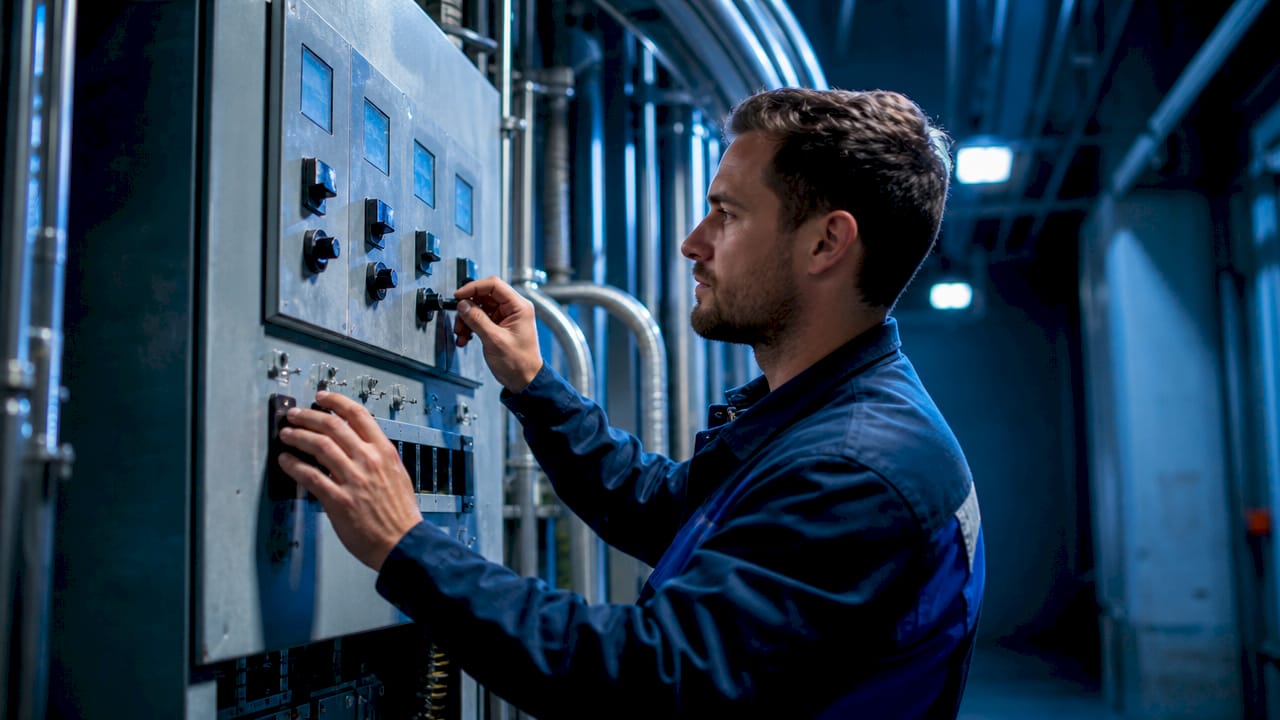 Een technicus stelt het bedieningspaneel van een elektriciteitsstation af.
