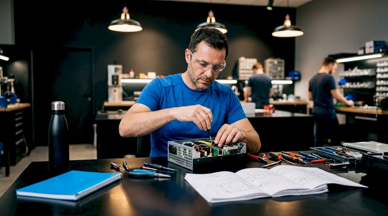 Engineer adjusting power conversion system in lab