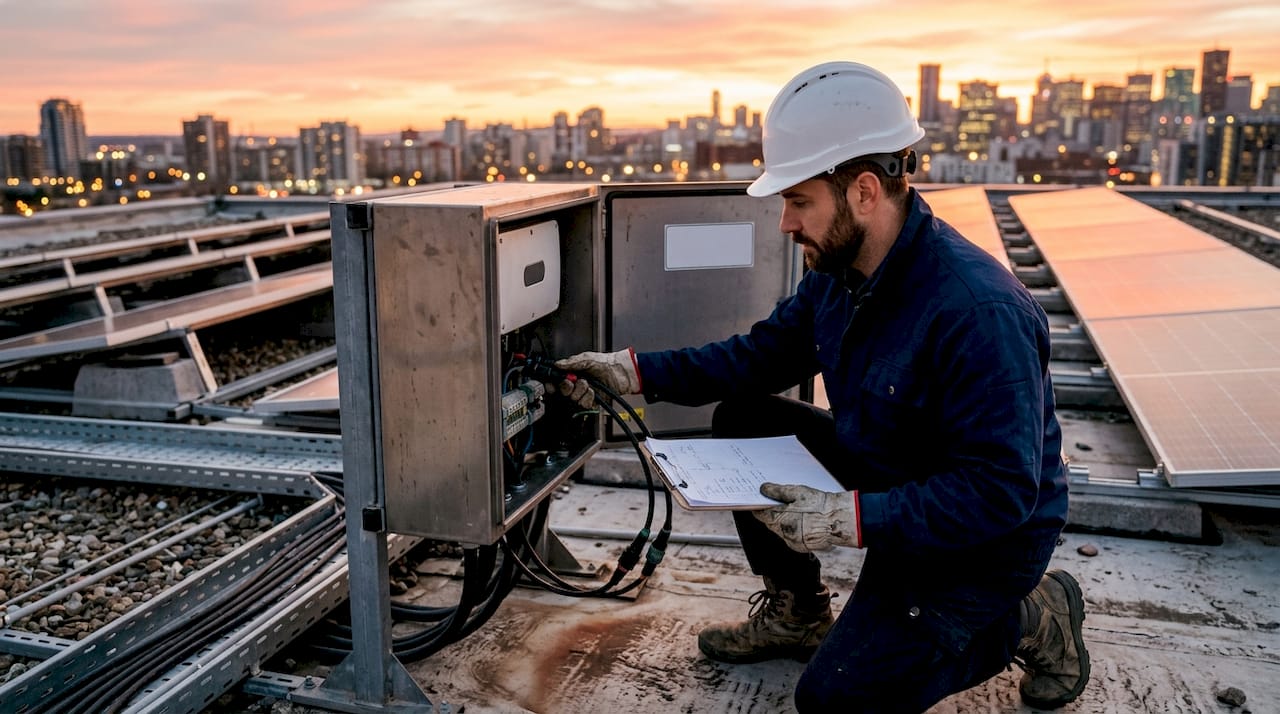 Technician connects cables to rooftop power conversion system
