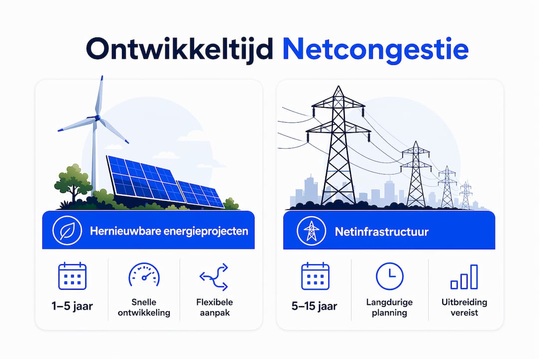 Infographic die de ontwikkeltijd van netcongestie overzichtelijk vergelijkt