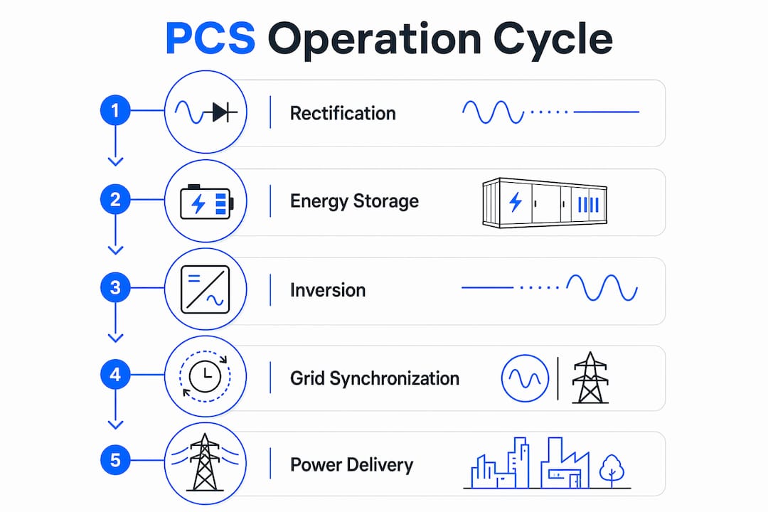 Infographic illustrating power conversion system steps