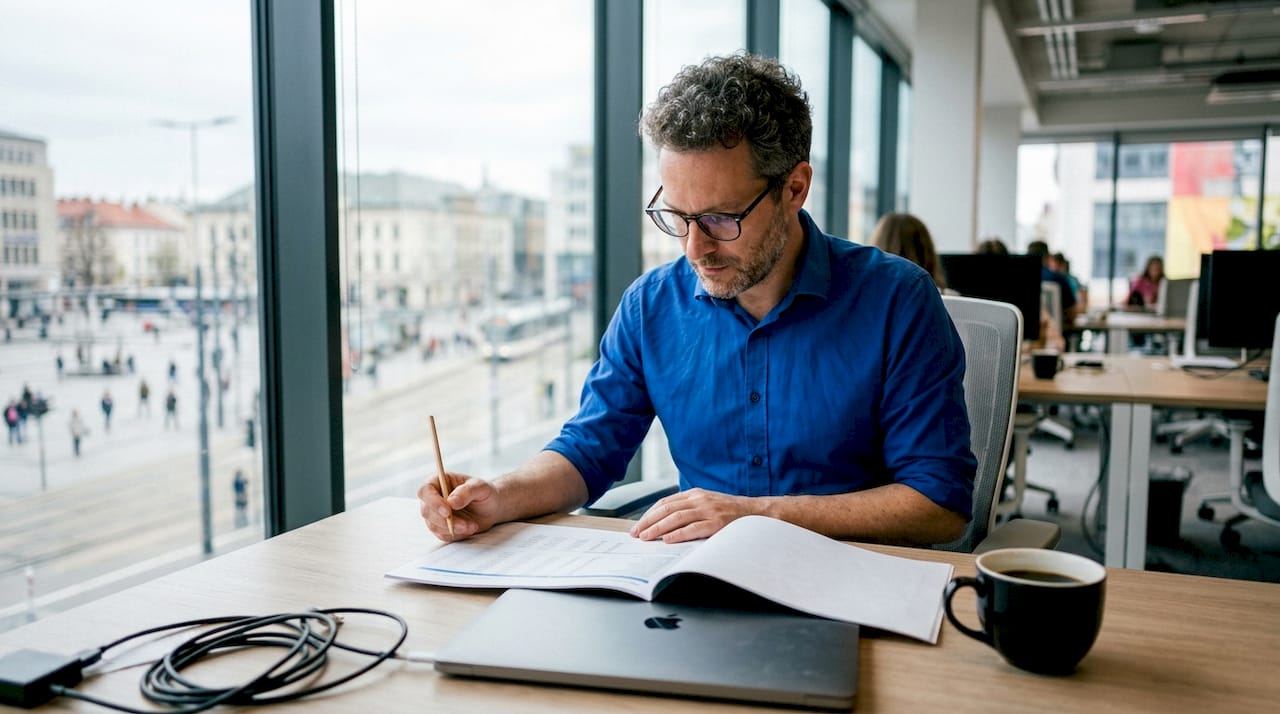 Een energieadviseur die zich verdiept in rapporten over energiemanagement.