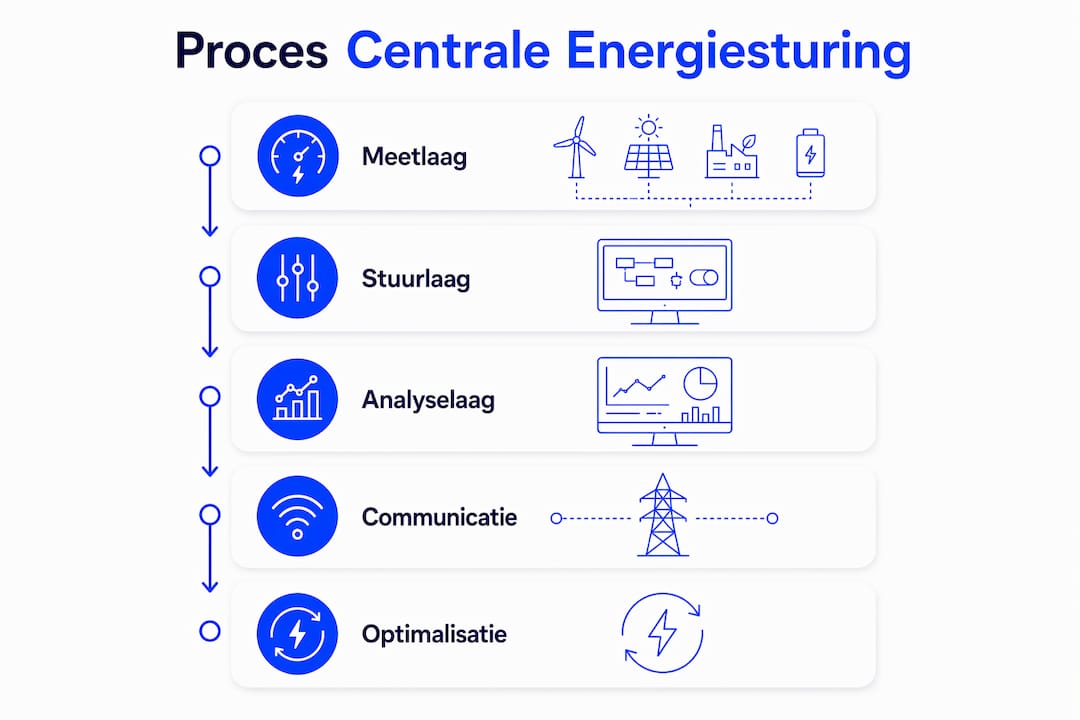 Infographic met de verschillende stappen van centraal energiebeheer in beeld gebracht