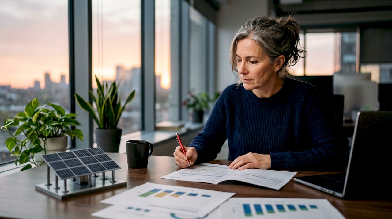 Une femme consulte sa facture d’électricité produite par ses panneaux solaires.