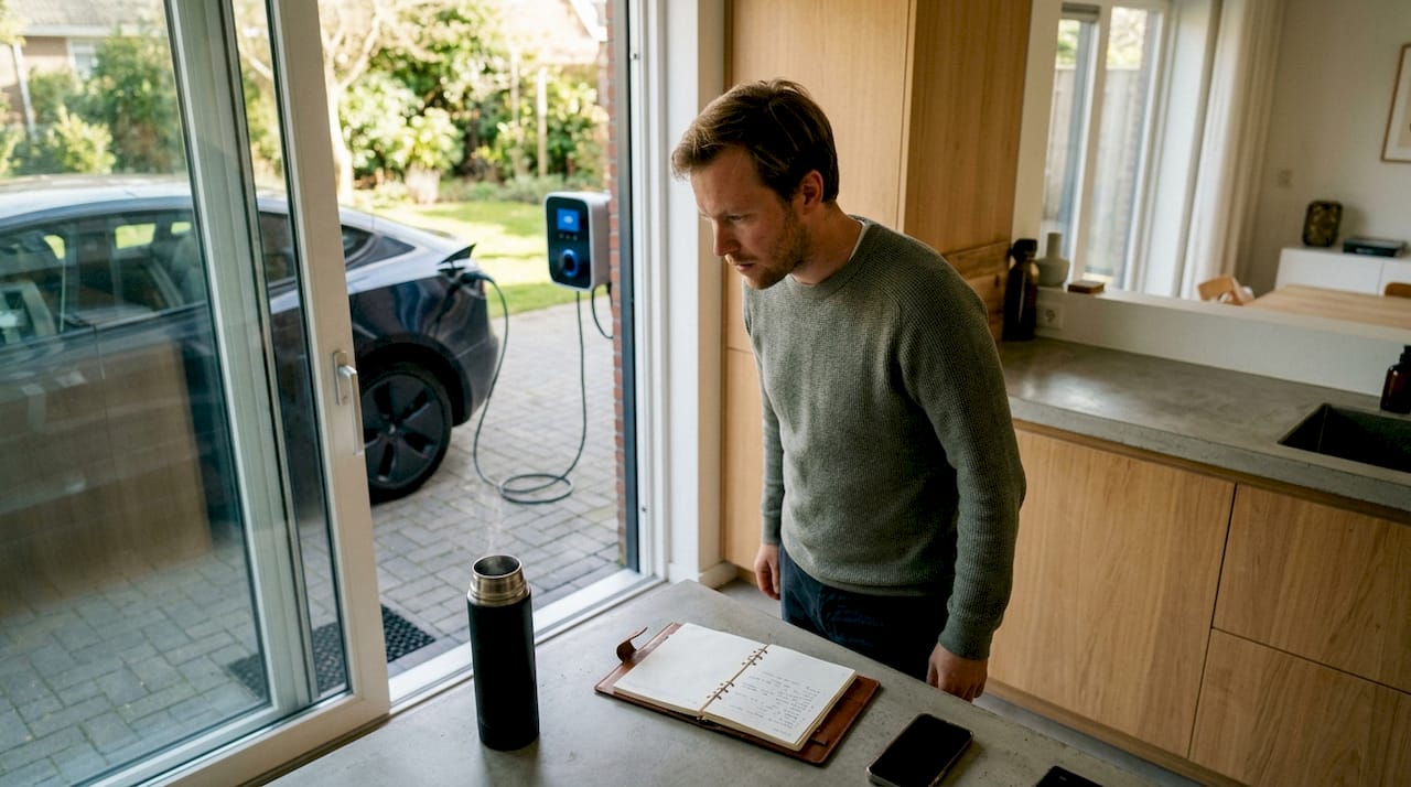 Man die zijn elektrische auto thuis aan de lader zet