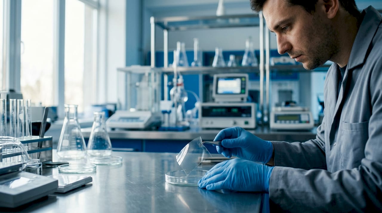 Hands holding curved graphene electrode in lab