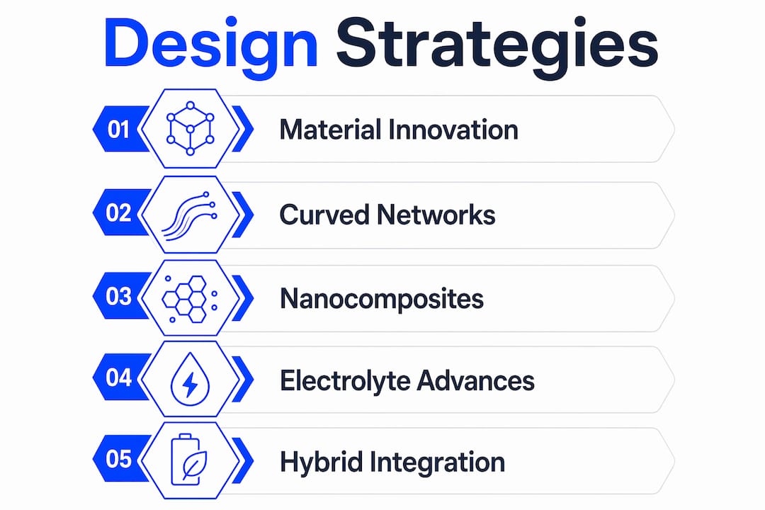Infographic illustrating key graphene supercapacitor design strategies