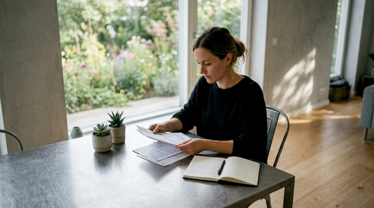 Une femme consulte attentivement sa facture d’électricité chez elle.